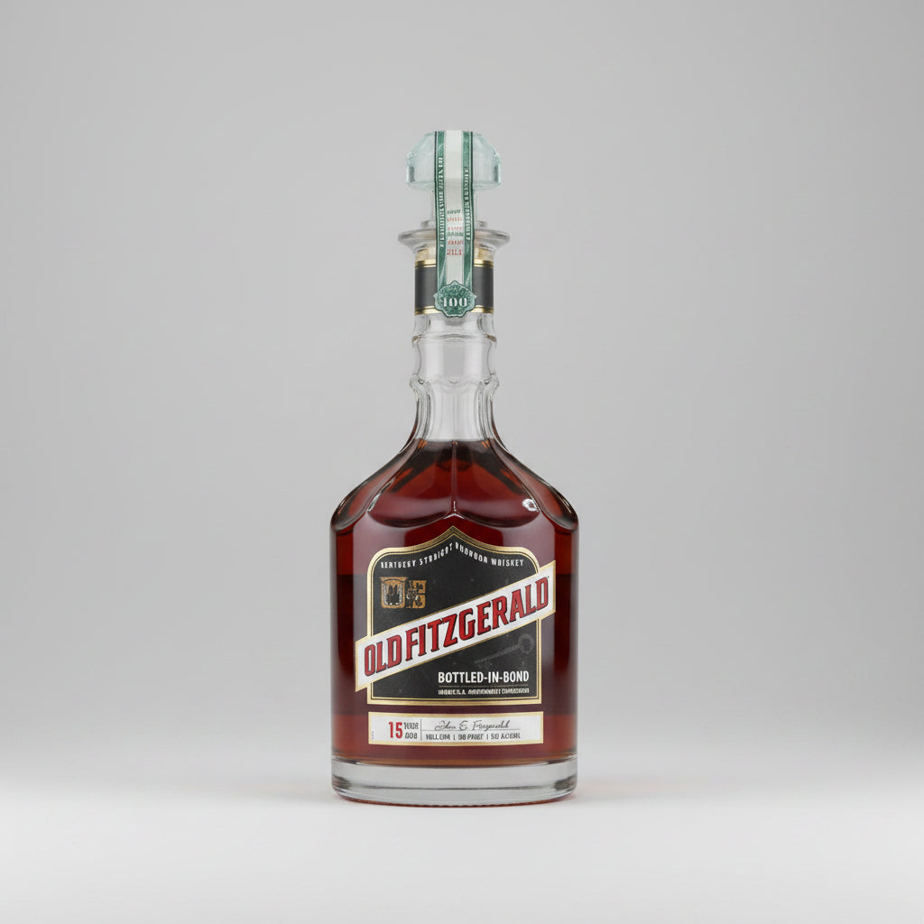 A bottle of Old Fitzgerald Bottled-In-Bond bourbon whiskey on a plain white background.