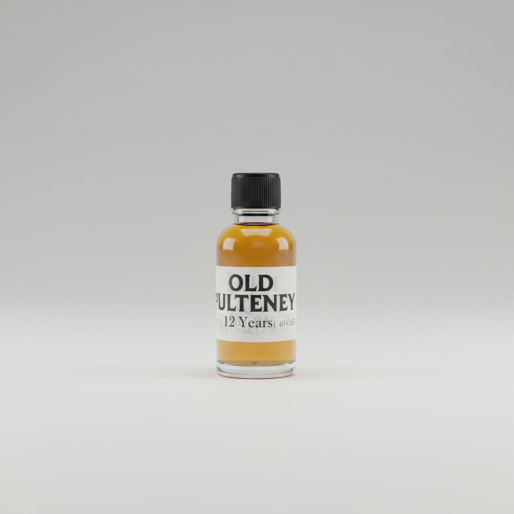Small bottle of old pulteney 12 year old on a bar counter with a blurred whitebackground.