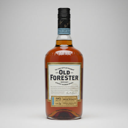 A bottle of Old Forester 86 Proof Straight Bourbon Whiskey, showing the amber liquid, black neck seal, and white and gold label against a white background.