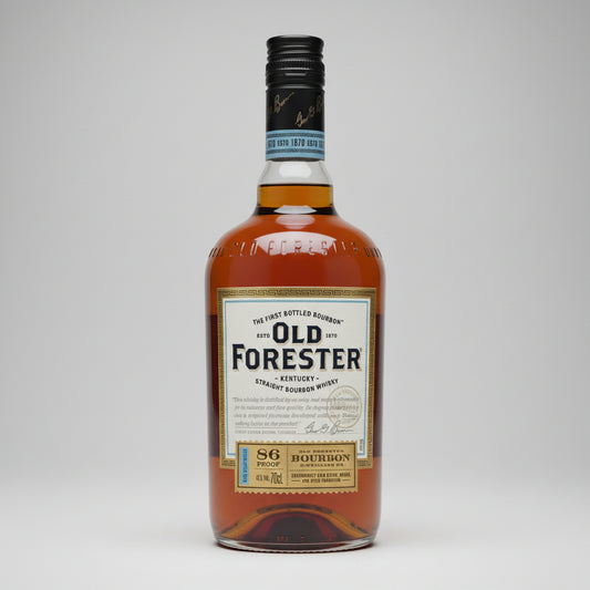 A bottle of Old Forester 86 Proof Straight Bourbon Whiskey, showing the amber liquid, black neck seal, and white and gold label against a white background.