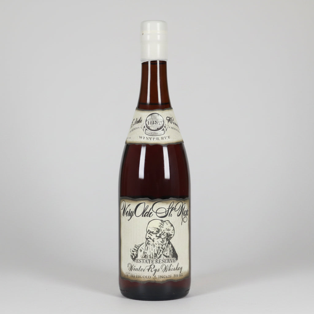 A bottle of Very Old St. nicks winter rye Whiskey, featuring a vintage-style cream label with black illustration and text, set against a plain white background.