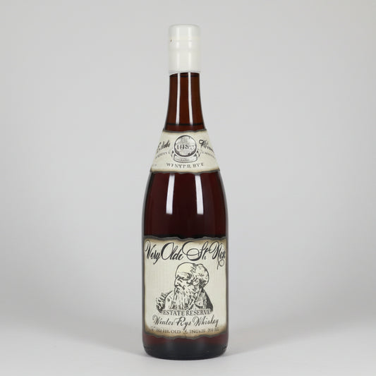 A bottle of Very Old St. nicks winter rye Whiskey, featuring a vintage-style cream label with black illustration and text, set against a plain white background.