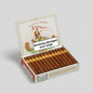 An open box of El Rey del Mundo cigars on a light gray background, with a white rectangular warning label overlaid across the open lid that reads 'Smoking damages your lungs'.