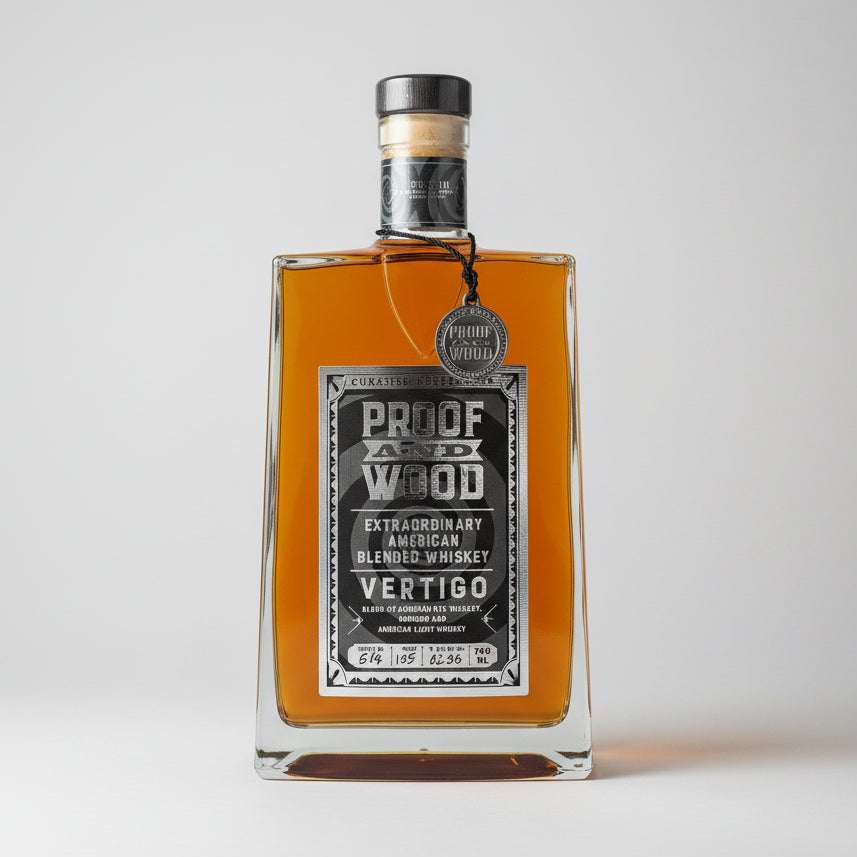 Bottle of Proof and Wood Vertigo whiskey on a white background