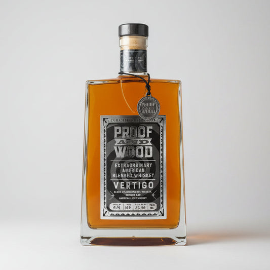 Bottle of Proof and Wood Vertigo whiskey on a white background