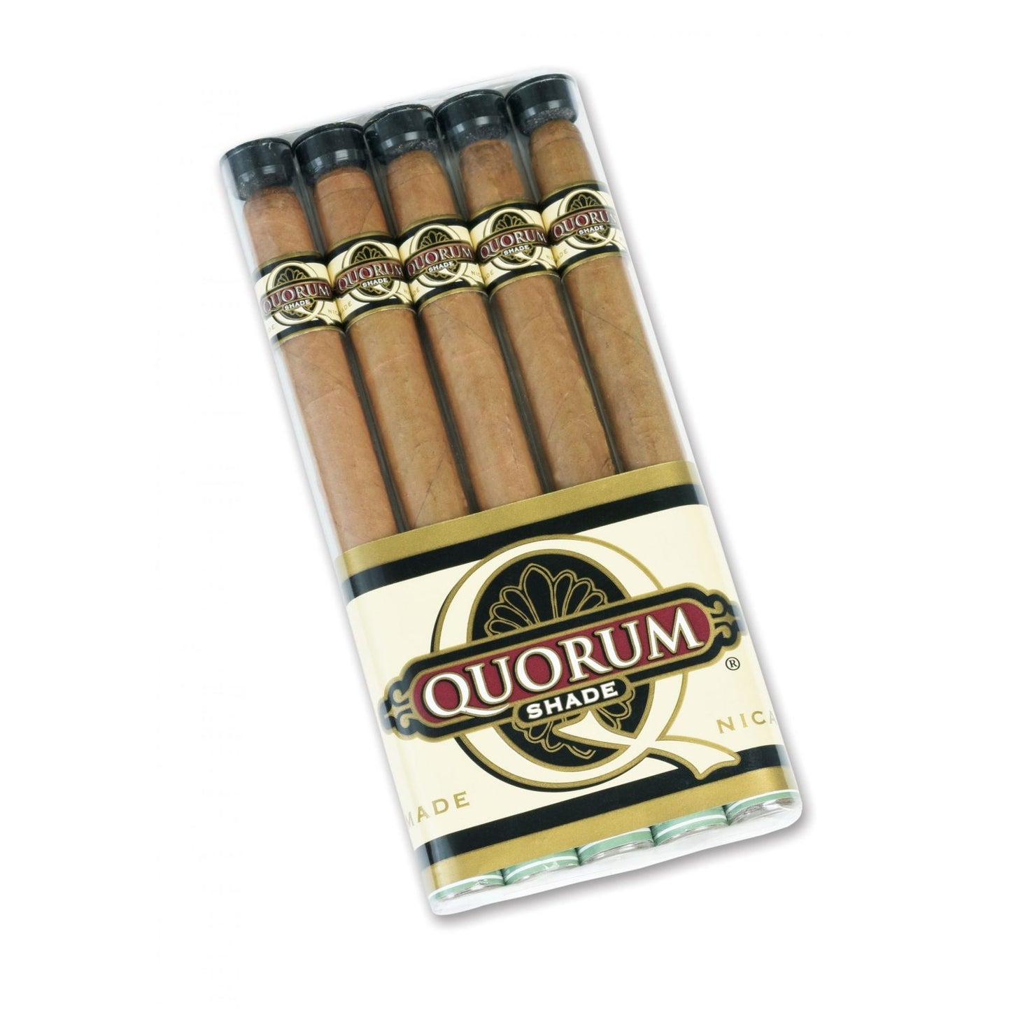 A pack of five Quorum Shade cigars in a clear plastic case with a cream and gold label, shown on a plain white background.