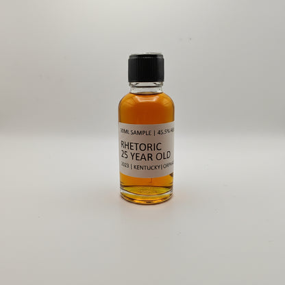 Small bottle of Rhetoric 25 Year Old whiskey sample on a white background