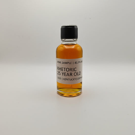 Small bottle of Rhetoric 25 Year Old whiskey sample on a white background