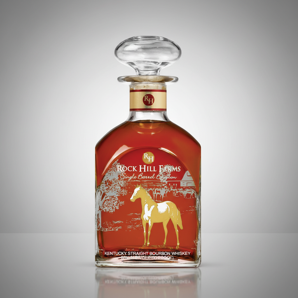 Rock Hill Farms Kentucky Straight Bourbon Whiskey bottle with horse illustration on label