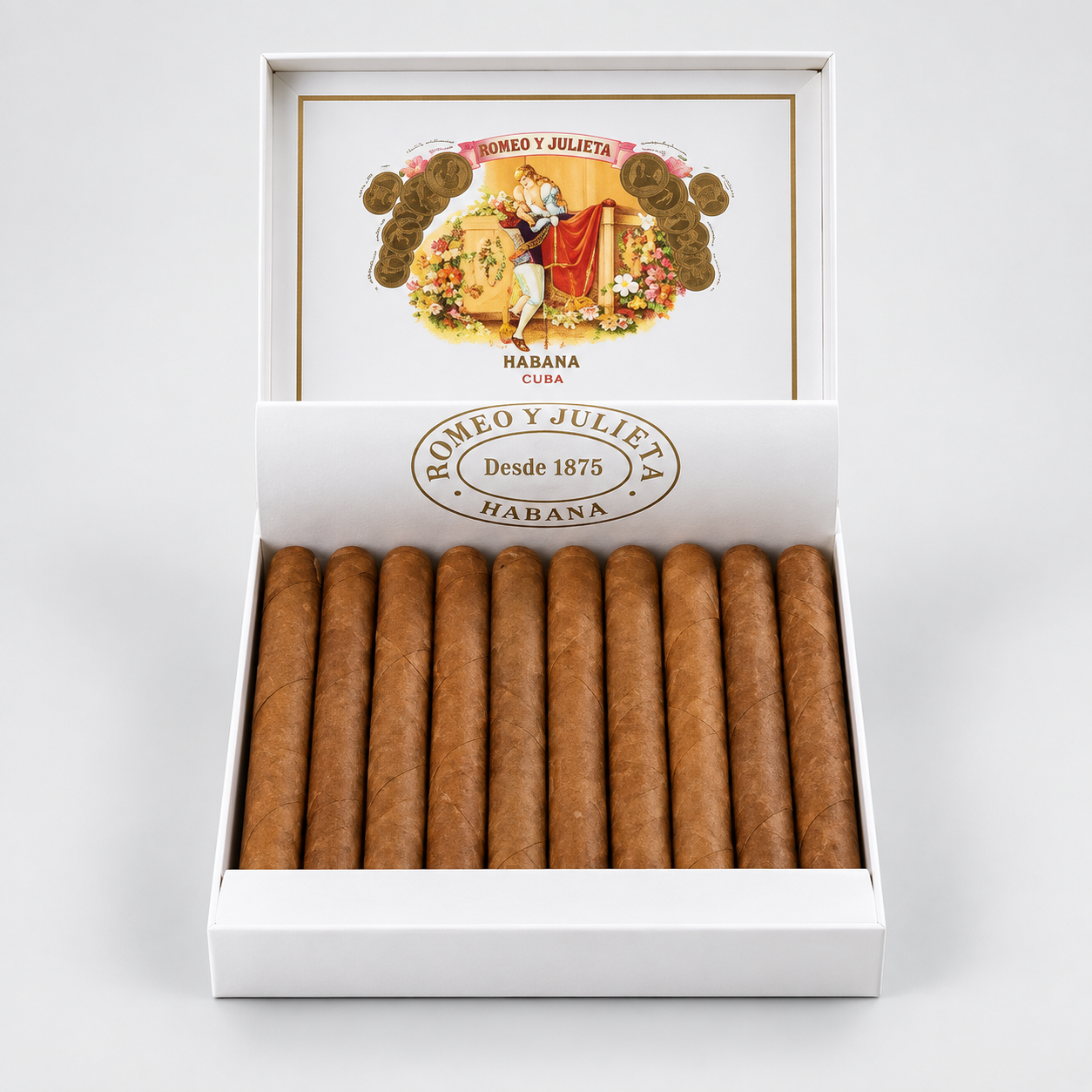 An open white cigar box displaying multiple brown cigars inside, with the branded lid open behind them on a clean light gray background. The box is labeled Romeo y Julieta Habana.