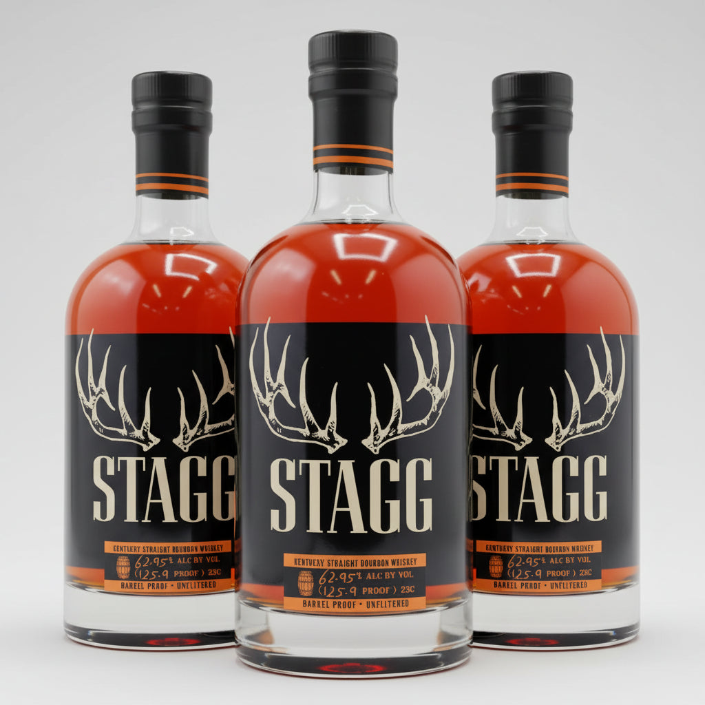 A bottle of Stagg Kentucky Straight Bourbon Whiskey on a plain white background. The bottle contains amber liquid and features a black label with a white antler graphic and the brand name 'STAGG' in bold white letters.