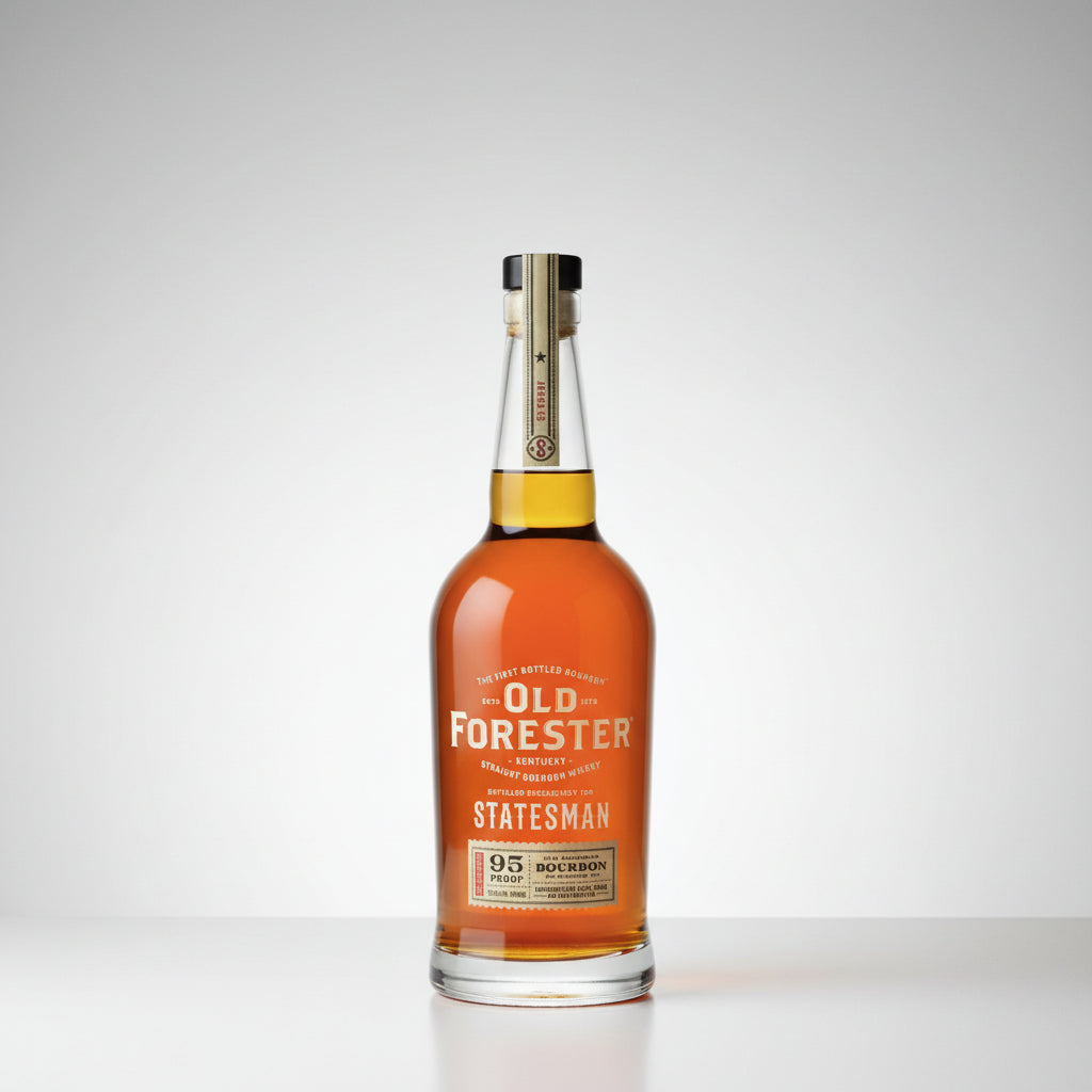 A bottle of Old Forester 95 Proof Kentucky Straight Whiskey, Statesman, resting on a wooden barrel in a dark, rustic warehouse setting with barrels blurred in the background.