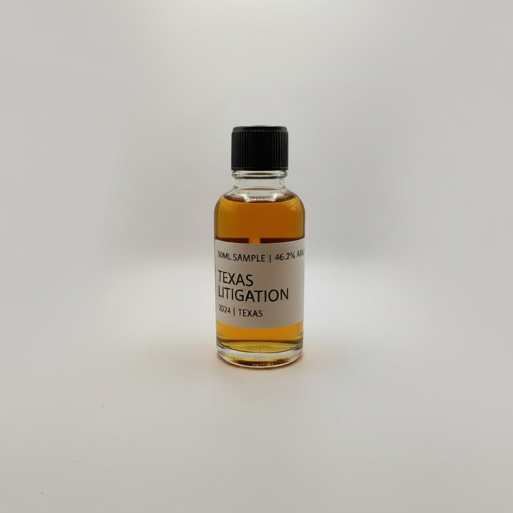 Small bottle of Texas Litigation bourbon with a label on a white background