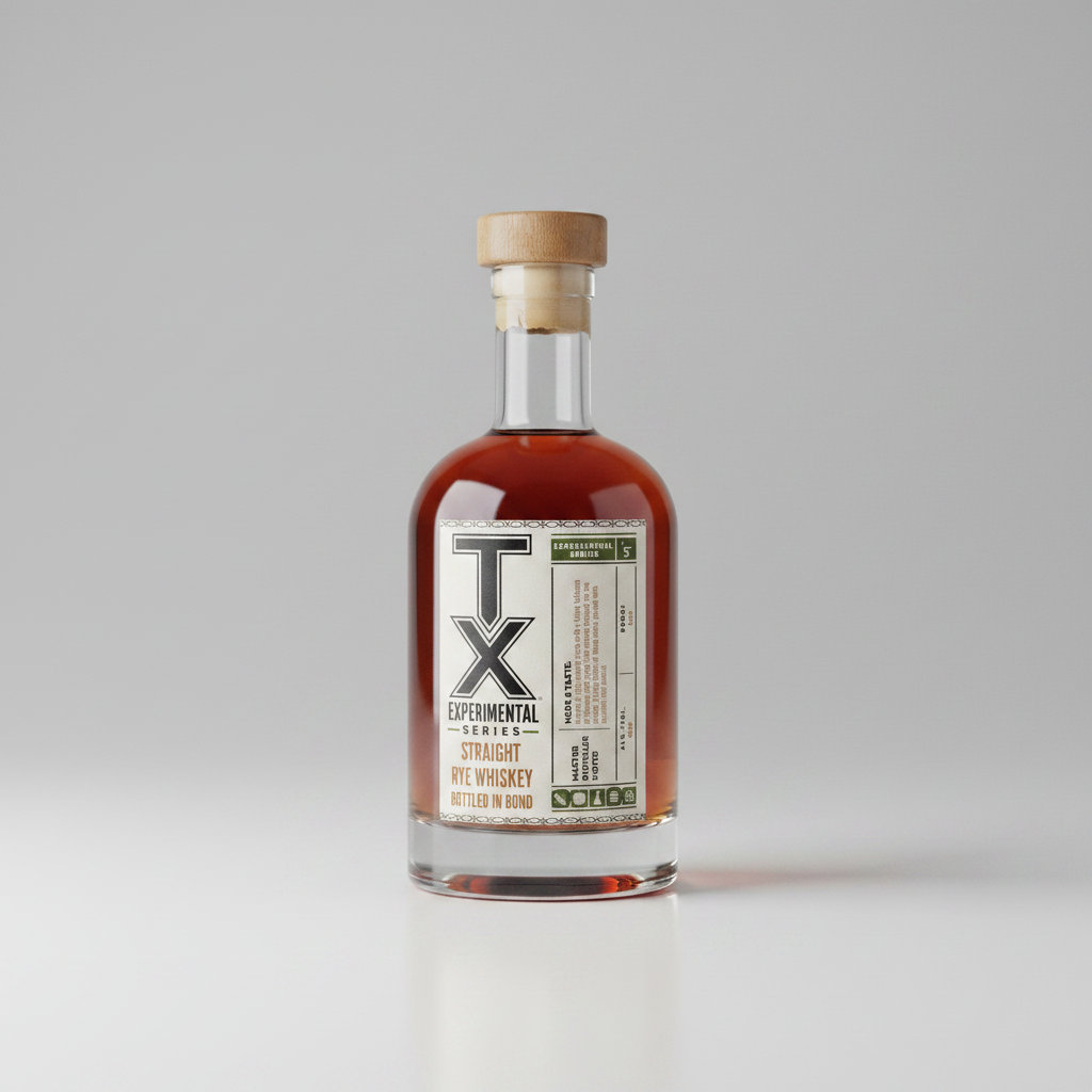 A bottle of TX Experimental Series 1 Straight Nippon Whiskey with amber liquid, a white label with black and green text, and a light wood cork stopper, set against a neutral gray background.