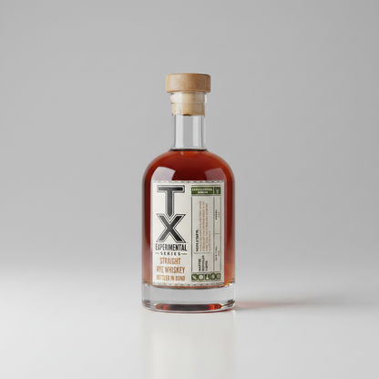 A bottle of TX Experimental Series 1 Straight Nippon Whiskey with amber liquid, a white label with black and green text, and a light wood cork stopper, set against a neutral gray background.