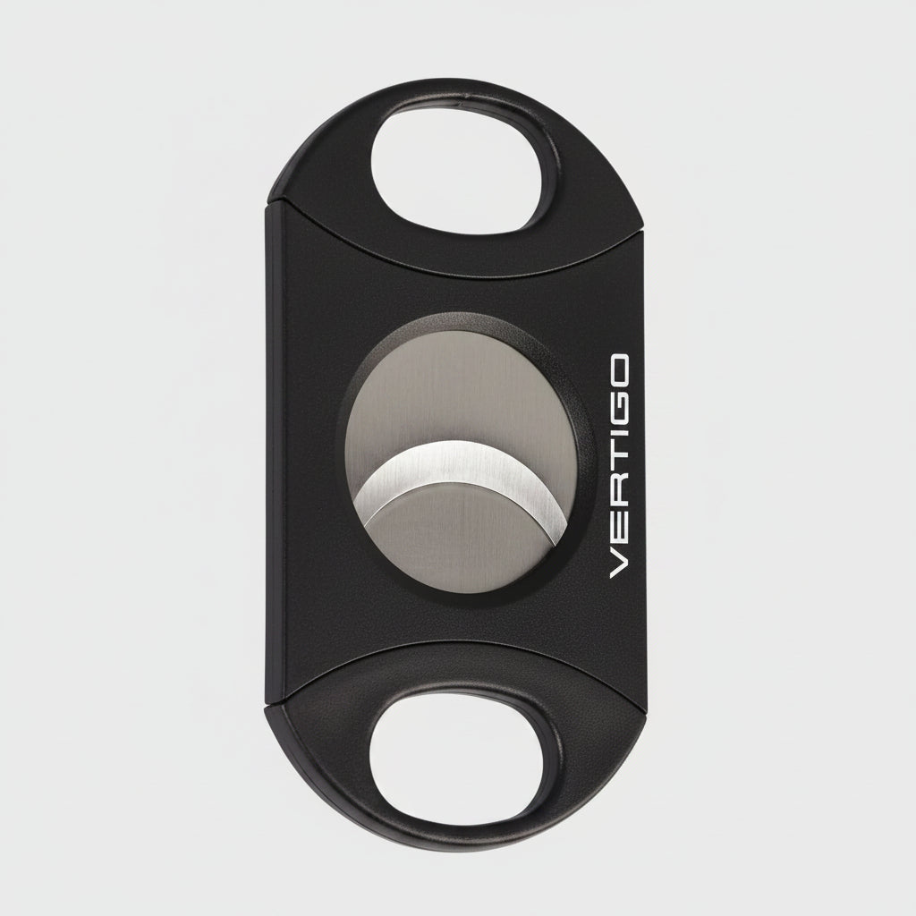 Black Vertigo cigar cutter on a white background