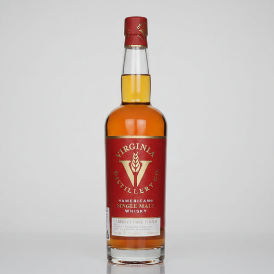A bottle of Virginia Distillery Co. American Single Malt Whisky, 1950, featuring a red label with gold lettering and a red wax seal on a light gray background.