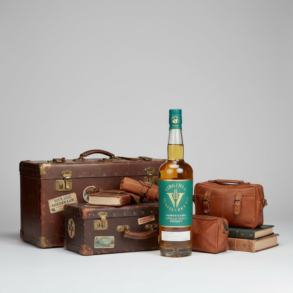 A bottle of Virginia Distillery Co. American Single Malt Whisky, showing the amber liquid inside a clear glass bottle with a green label and cap.
