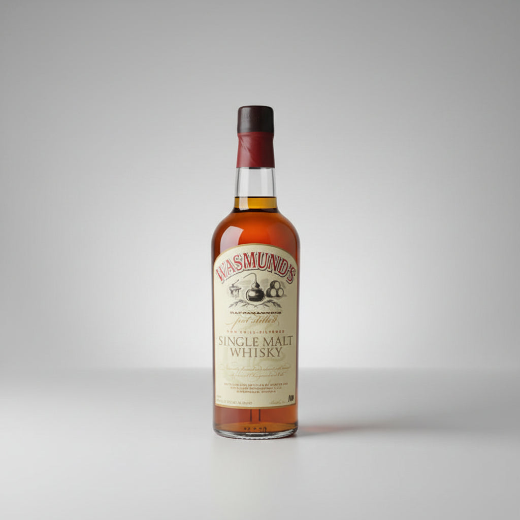 A bottle of Masmund's Single Malt Whisky standing on a stone outdoors with a blurred green forest background.