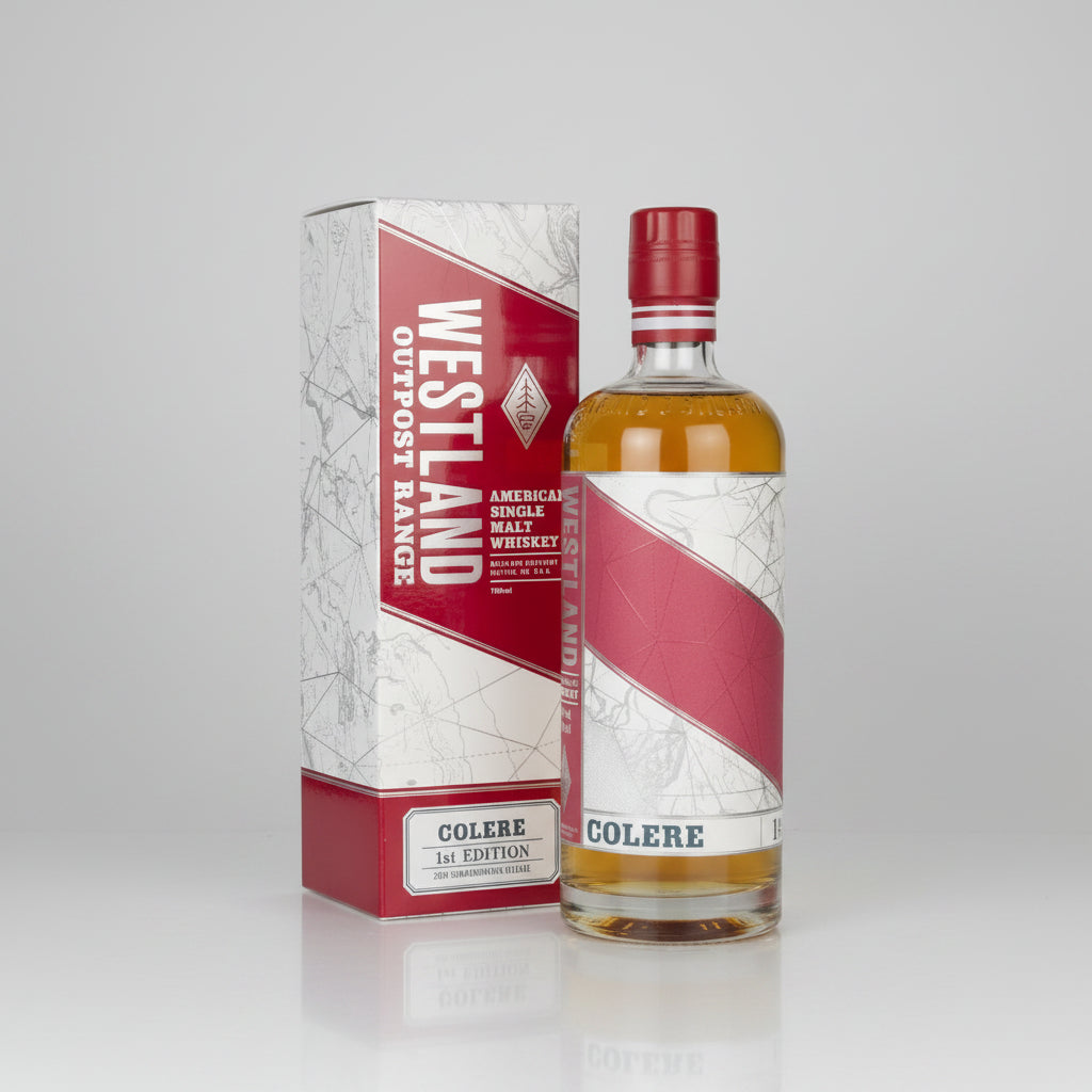Westland Colere whiskey bottle and box on a white background