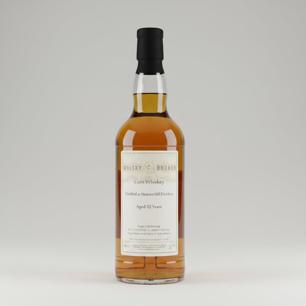 A bottle of whisky Broker with amber liquid, a cream label reading 'Whisky Broker Corn Whiskey' and 'Aged 12 Years', and a black cap, shown against a plain light background.