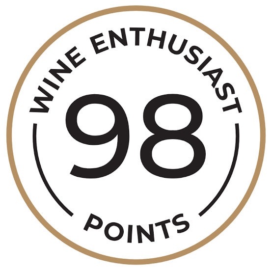 A circular graphic badge with a tan border, black text reading 'WINE ENTHUSIAST' and 'POINTS,' and large black numerals '98' in the center on a white background.