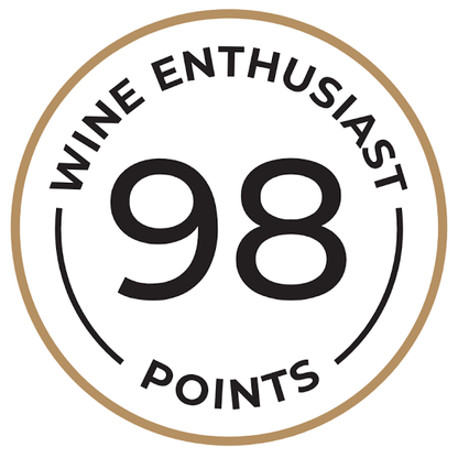 A circular graphic badge with a tan border, black text reading 'WINE ENTHUSIAST' and 'POINTS,' and large black numerals '98' in the center on a white background.