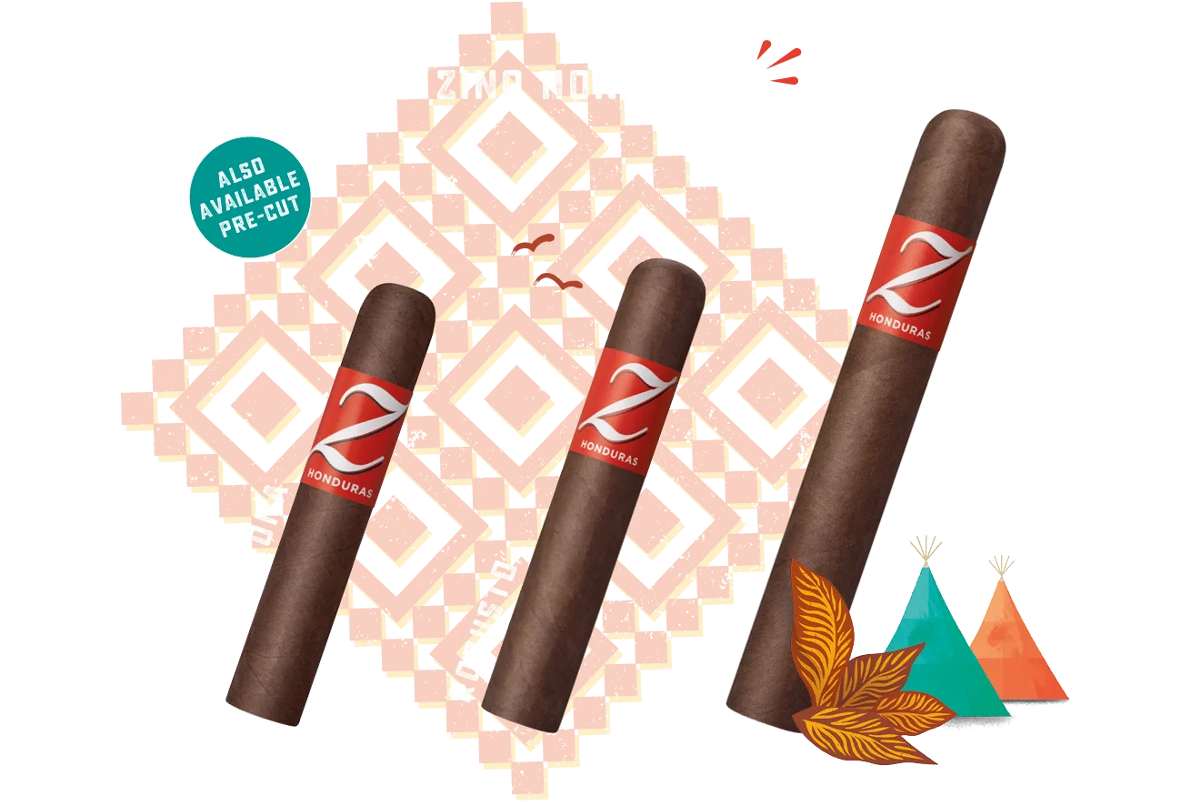 Three cigars with a brand logo on a decorative background