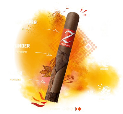 Cigar with a brand label on an orange and yellow abstract background