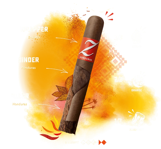 Cigar with a brand label on an orange and yellow abstract background